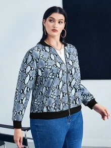 Plus Snakeskin Print Zip Up Bomber Jacket - Multicolor - View 5