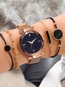 圓形指针手錶附4入組手鐲 - 金色 - 查看 1