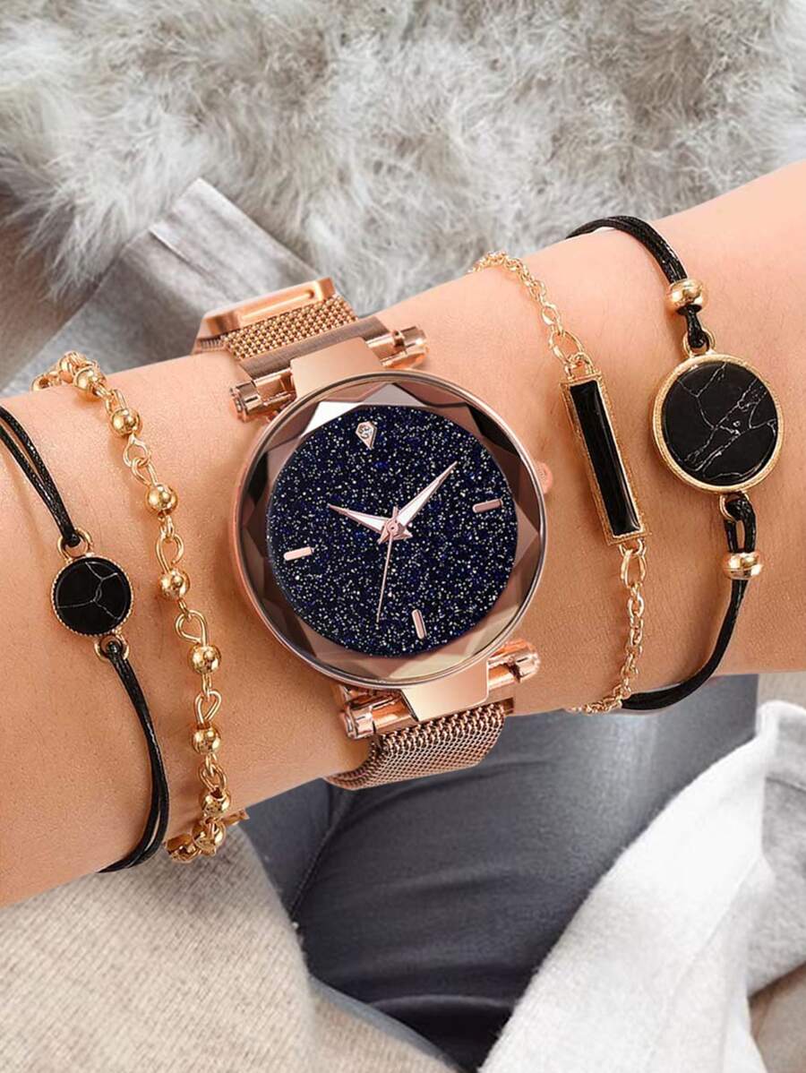 圓形指针手錶附4入組手鐲 - 金色 - 查看 1