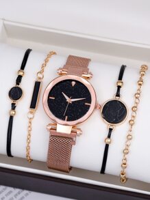 圓形指针手錶附4入組手鐲 - 金色 - 查看 2