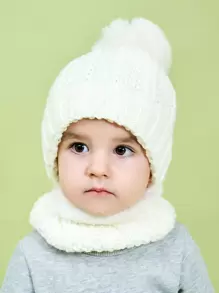 兒童豆豆帽和圓環圍巾 - 白色 - 查看 1