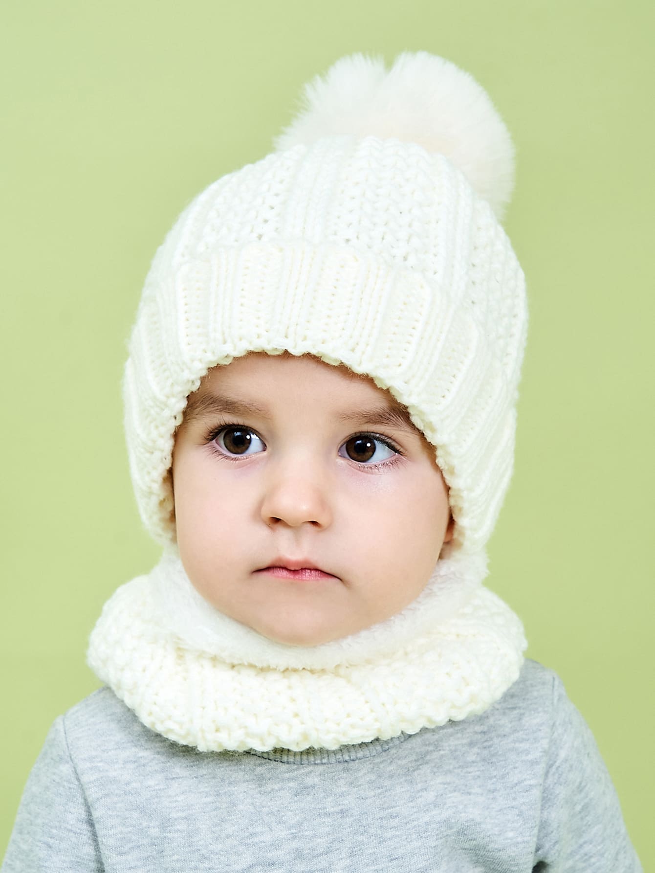 兒童豆豆帽和圓環圍巾 - 白色 - 查看 1