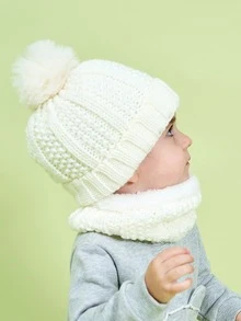 兒童豆豆帽和圓環圍巾 - 白色 - 查看 2