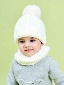 兒童豆豆帽和圓環圍巾 - 白色 - 查看 3