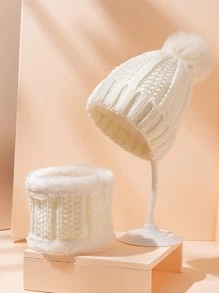 兒童豆豆帽和圓環圍巾 - 白色 - 查看 4