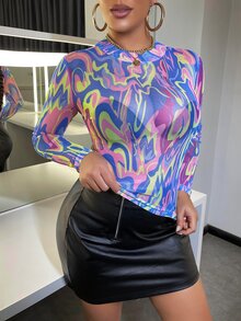All Over Print Fitted Sheer Top - Multicolor - View 4