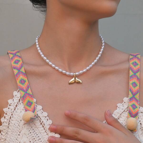 

Fish Tail Charm Faux Pearl Beaded Necklace, Multicolor