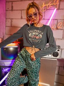 SHEIN Unity Camiseta corta con letra con estampado de coche con diseño de aro con cadena - Gris - Ver 1