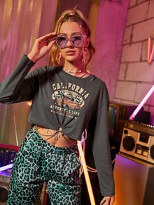 SHEIN Unity Camiseta corta con letra con estampado de coche con diseño de aro con cadena - Gris - Ver 4