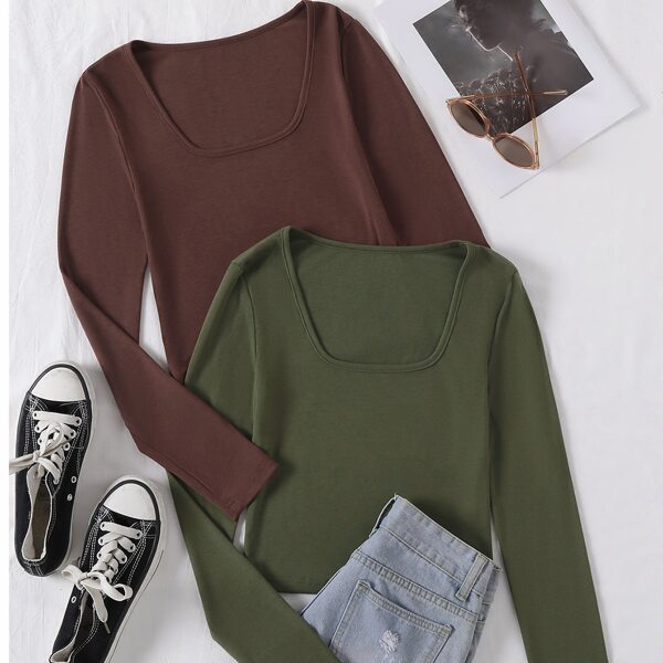 

2pcs Solid Scoop Neck Tee, Multicolor