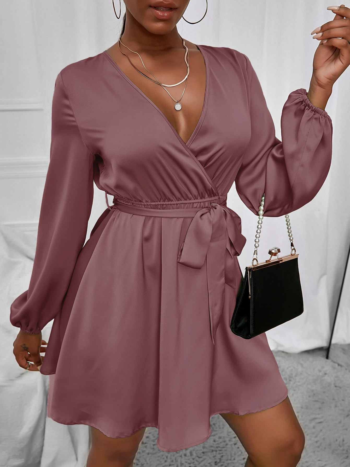 Satin Surplice Neck Sleeve Belted Dress SHEIN EUR