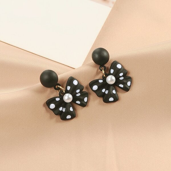 

Bow & Faux Pearl Drop Earrings, Black and white