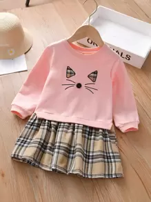 小女童格紋卡通刺繡衛衣洋裝