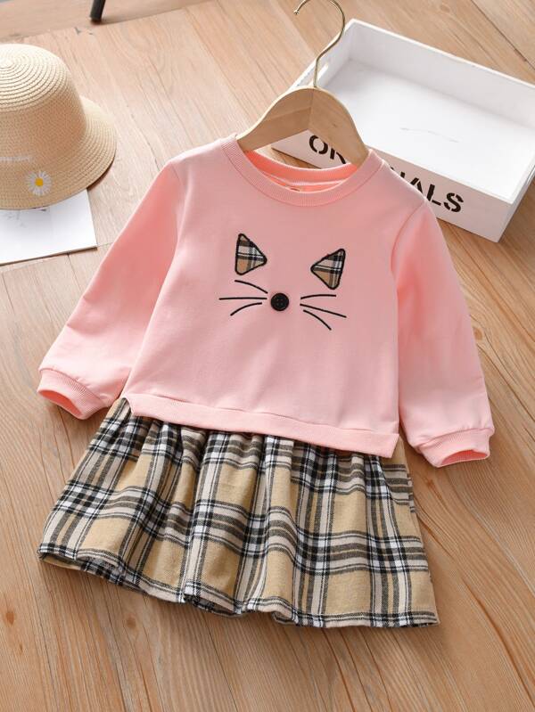 小女童格紋卡通刺繡衛衣連衣裙