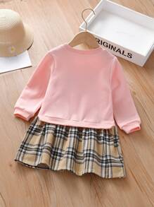 小女童格紋卡通刺繡衛衣洋裝