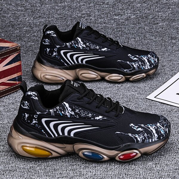 

Marble Pattern Lace-up Front Chunky Sneakers, Black
