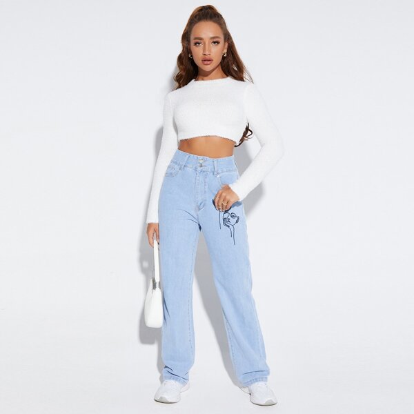 

Face Line Art Graphic High Waist Jeans, Light wash