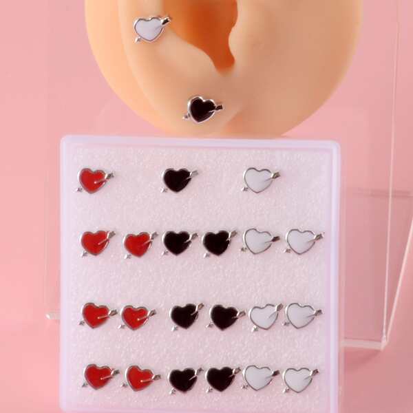 

12pairs Heart Design Stud Earrings, Multicolor