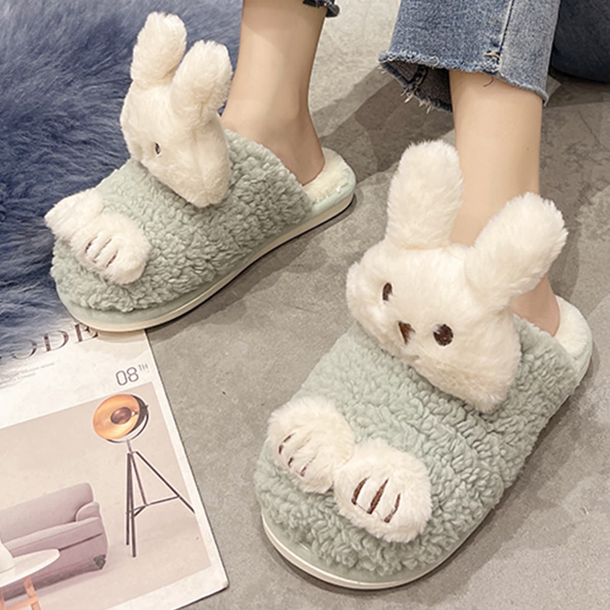 

Fluffy Rabbit Slippers, Baby blue