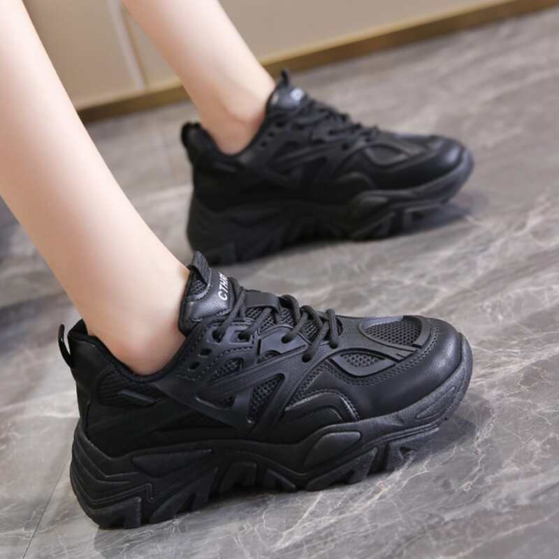 

Lace Up Front Mesh Panel Chunky Sneakers, Black