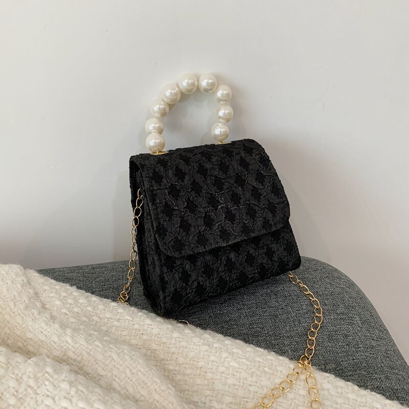 

Faux Pearl Beaded Satchel Bag, Black