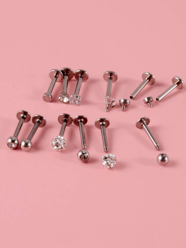 12pcs Cubic Zirconia Decor Labret Lip Ring - Silver - View 2