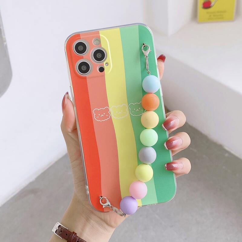 

Rainbow Pattern Phone Case With Beaded Hand Strap, Multicolor