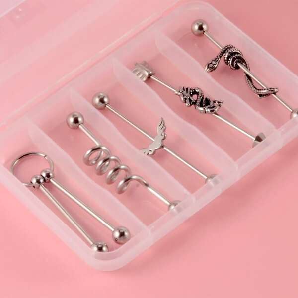 

5pcs Chinese Dragon & Snake Decor Stud Earrings, Silver