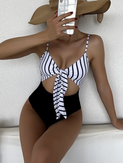 SHEIN Swim Summer Striped Cut-Out Knot Front One Piece Swimsuit
