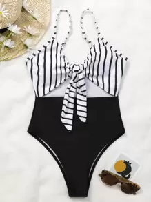 SHEIN Swim Summer Striped Cut-Out Knot Front One Piece Swimsuit - Black and White - View 5