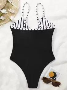 SHEIN Swim Summer Striped Cut-Out Knot Front One Piece Swimsuit - Black and White - View 6