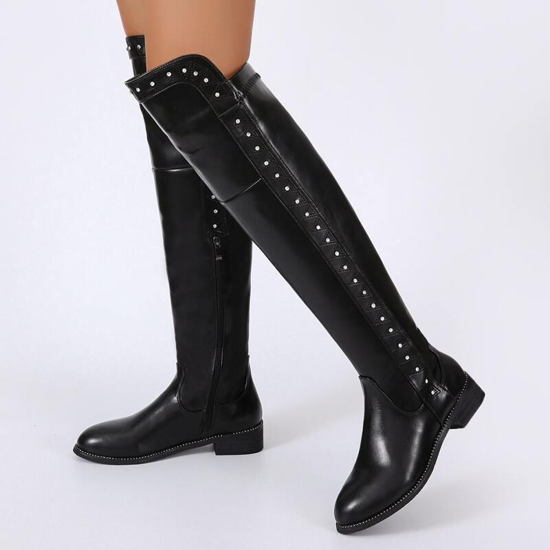 

Rhinestone Decor Classic Knee Boots, Black