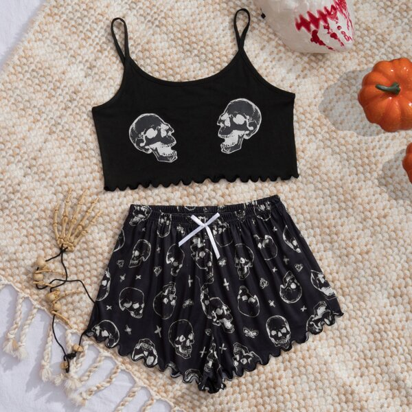 

Halloween Skull Print Lettuce Trim Knot Front Cami PJ Set, Black and white