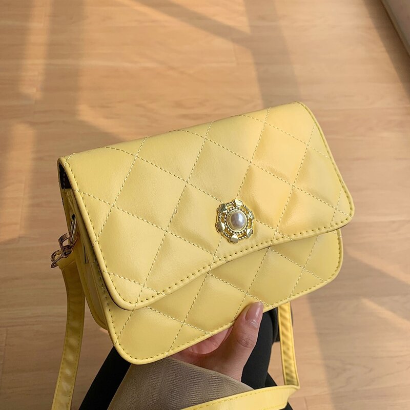 

Faux Pearl Decor Flap Crossbody Bag, Yellow