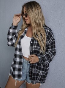 SHEIN LUNE Hơn Áo sơ mi Kẻ sọc Nút Thông qua - Đen và trắng - Xem 1