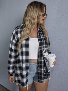 SHEIN LUNE Hơn Áo sơ mi Kẻ sọc Nút Thông qua - Đen và trắng - Xem 3