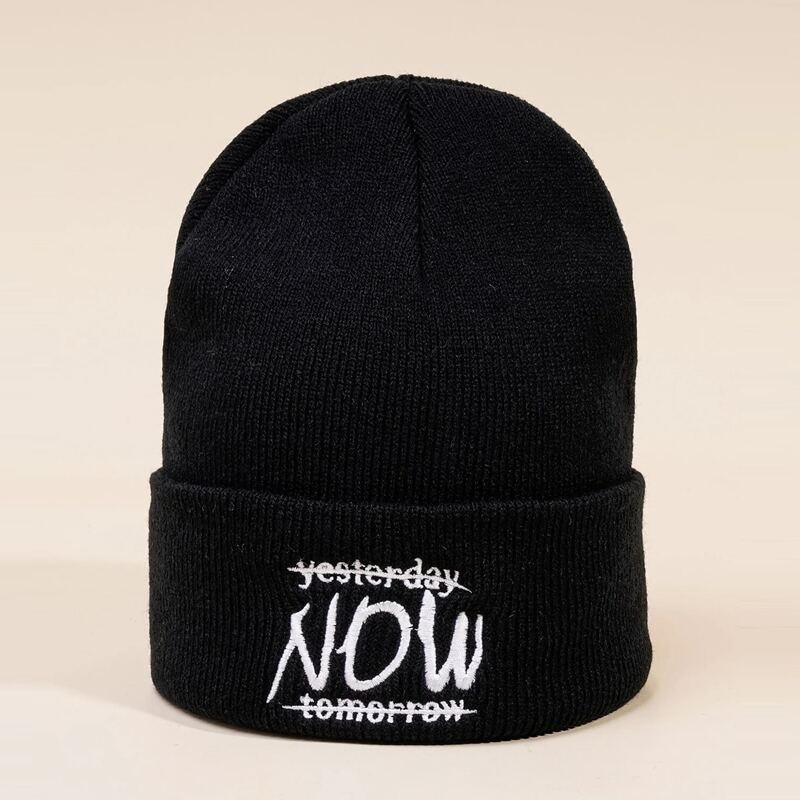

Letter Graphic Embroidery Knit Beanie, Black