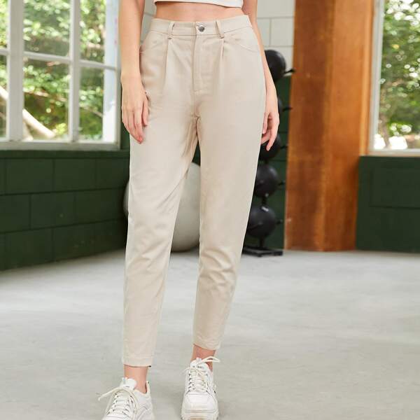 

High Waist Plicated Detail Tapered Pants, Apricot