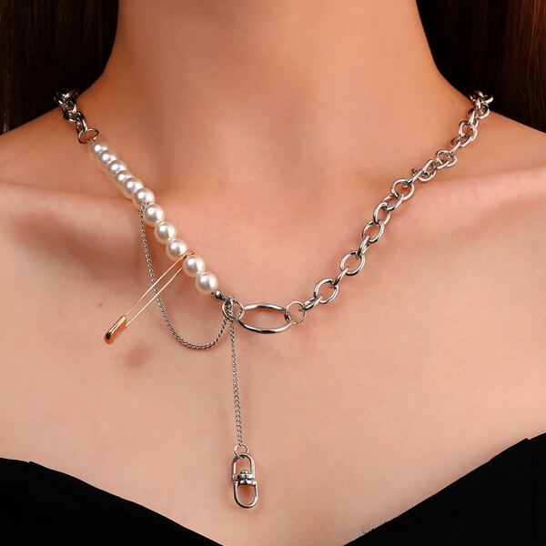 

Faux Pearl Decor Necklace, Silver