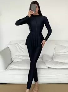 Swim Mulvari Summer Beach Solid Long Sleeve Swim Shirt & Pants Full Body Burkini Swimsuit Arabic Clothing - Black - View 3