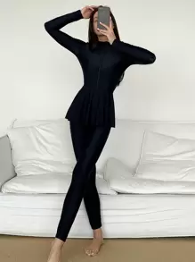 Swim Mulvari Summer Beach Solid Long Sleeve Swim Shirt & Pants Full Body Burkini Swimsuit Arabic Clothing - Black - View 5