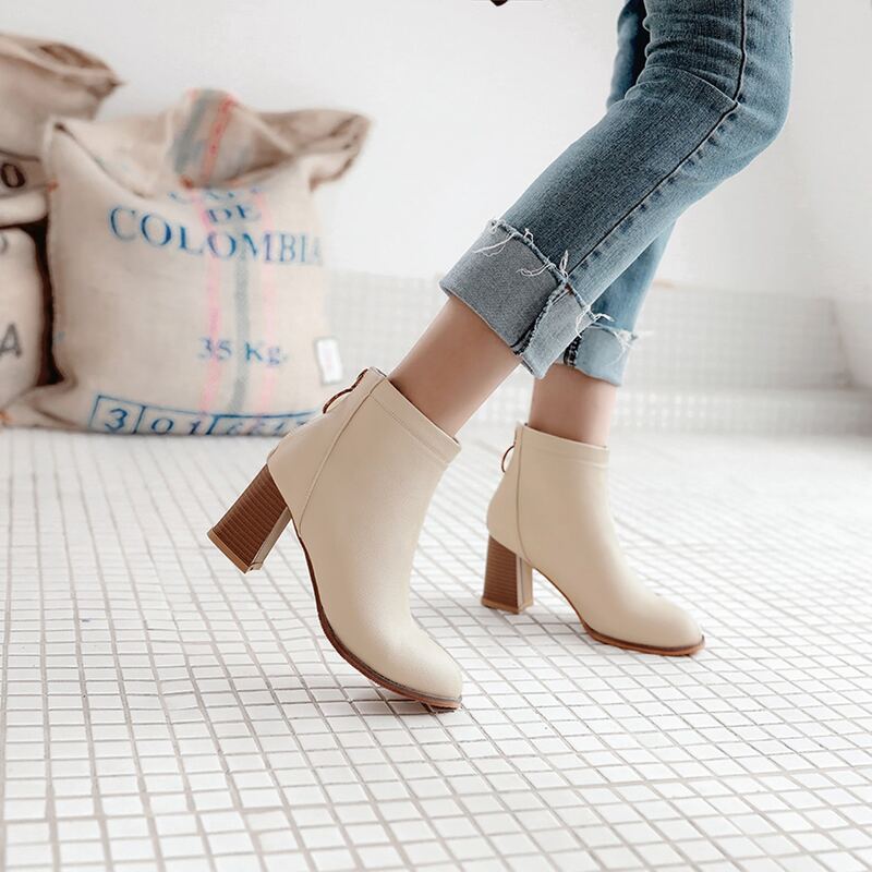 

Minimalist Back Zipper Chunky Boots, Beige