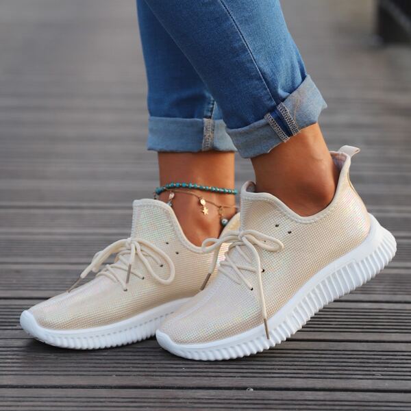 

Hollow Out Lace-up Running Shoes, Champagne