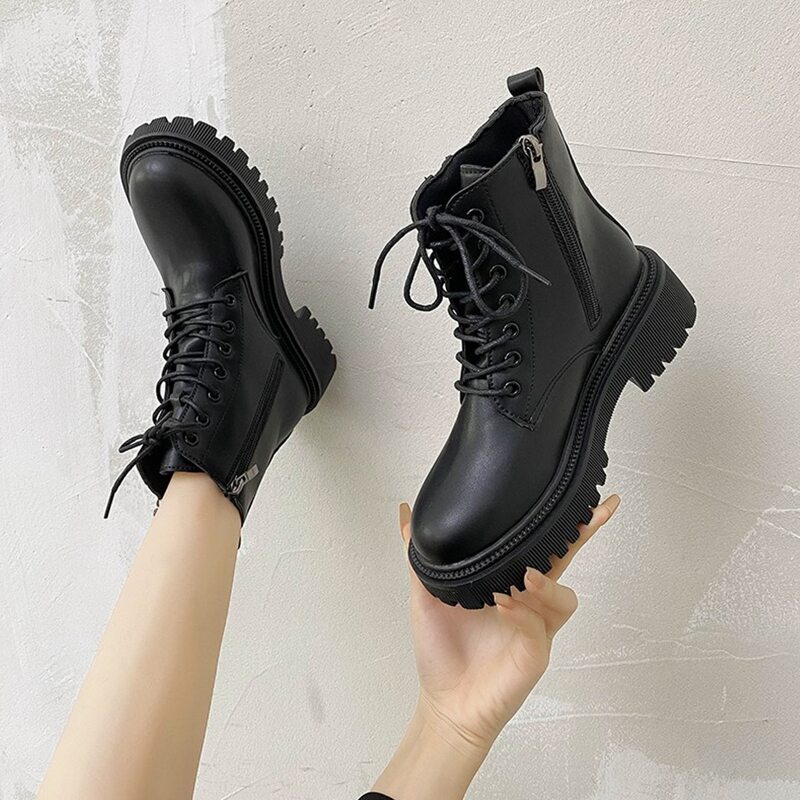 

Side Zip Lace Up Front Boots, Black