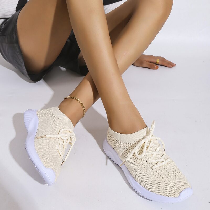 

Minimalist Lace Up Decor Knit Running Shoes, Beige