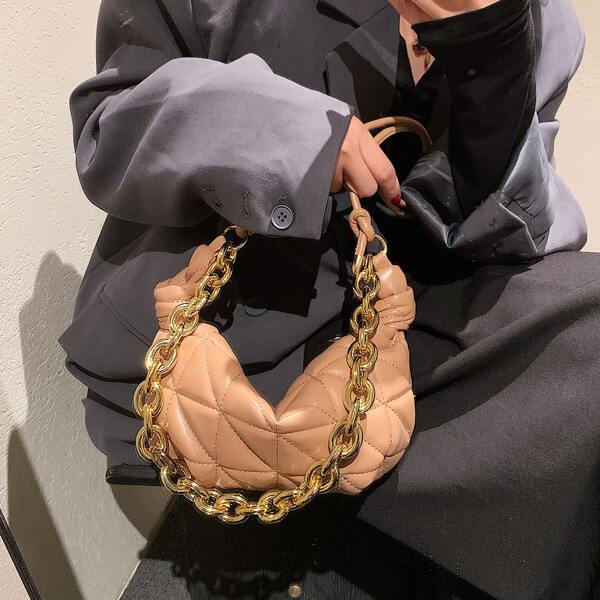 

Textured Chain Decor Baguette Bag, Khaki
