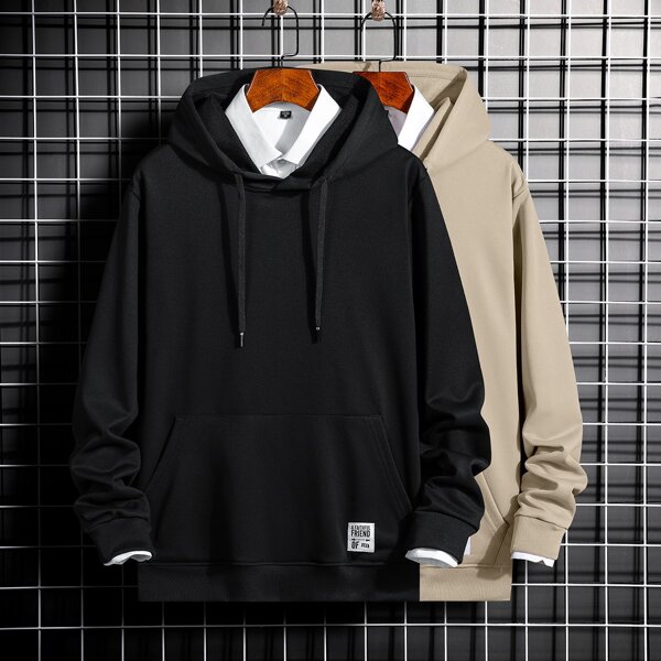 

Men 2pcs Letter Patched Drawstring Kangaroo Pocket Hoodie Without Shirt, Multicolor