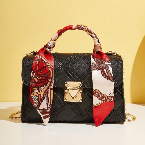 

Textured Twilly Scarf Decor Push Lock Satchel Bag, Black