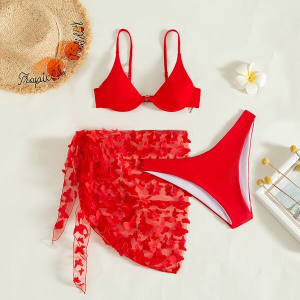 

3pack Solid Underwire Bikini Swimsuit & Beach Skirt, Red