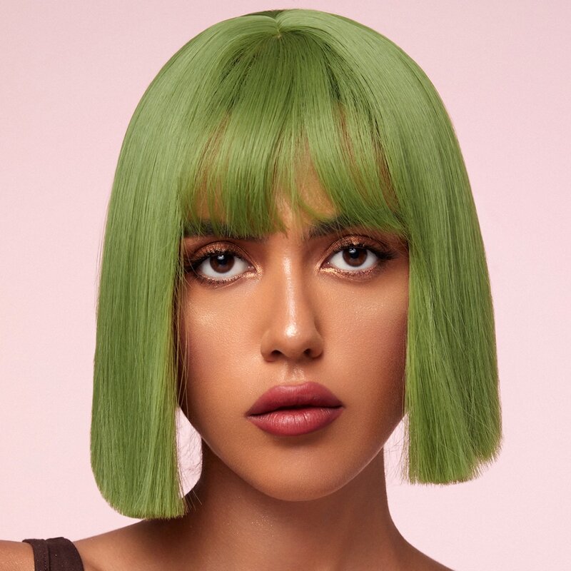 

Natural Short Wig With Bangs, Green